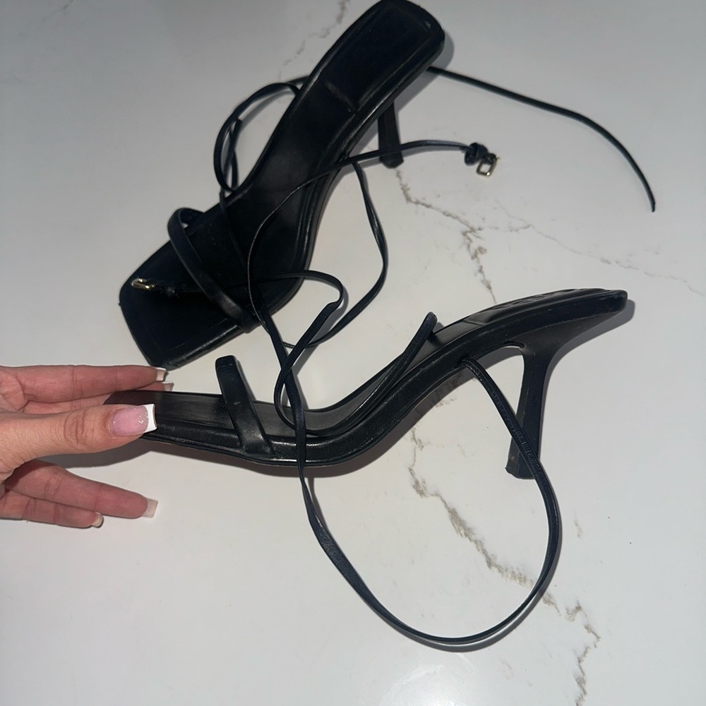 Zara Black Strappy Square-Toe Lace up Heeled Sandals